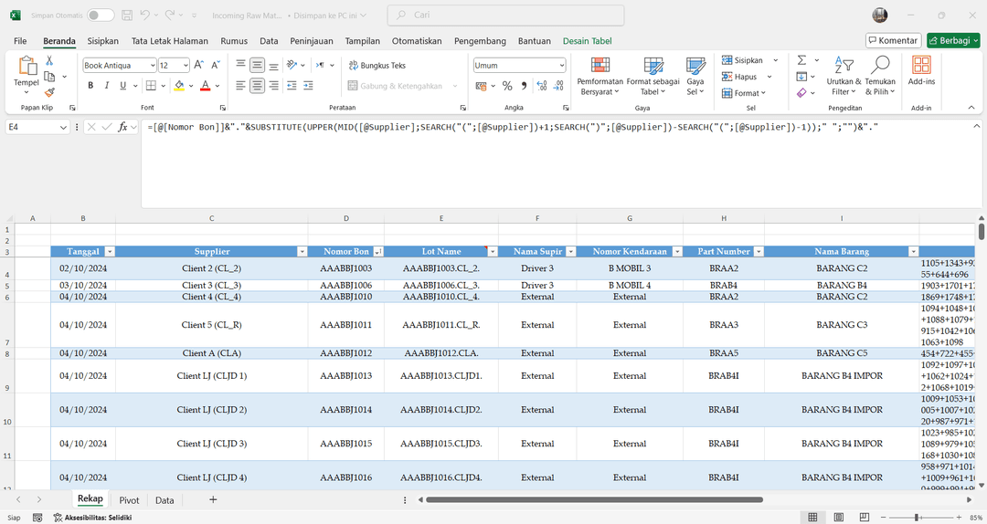 Excel Project Fitur #1 : Pembuatan Lot Number Otomatis (Sumber : Dokumentasi Pribadi)